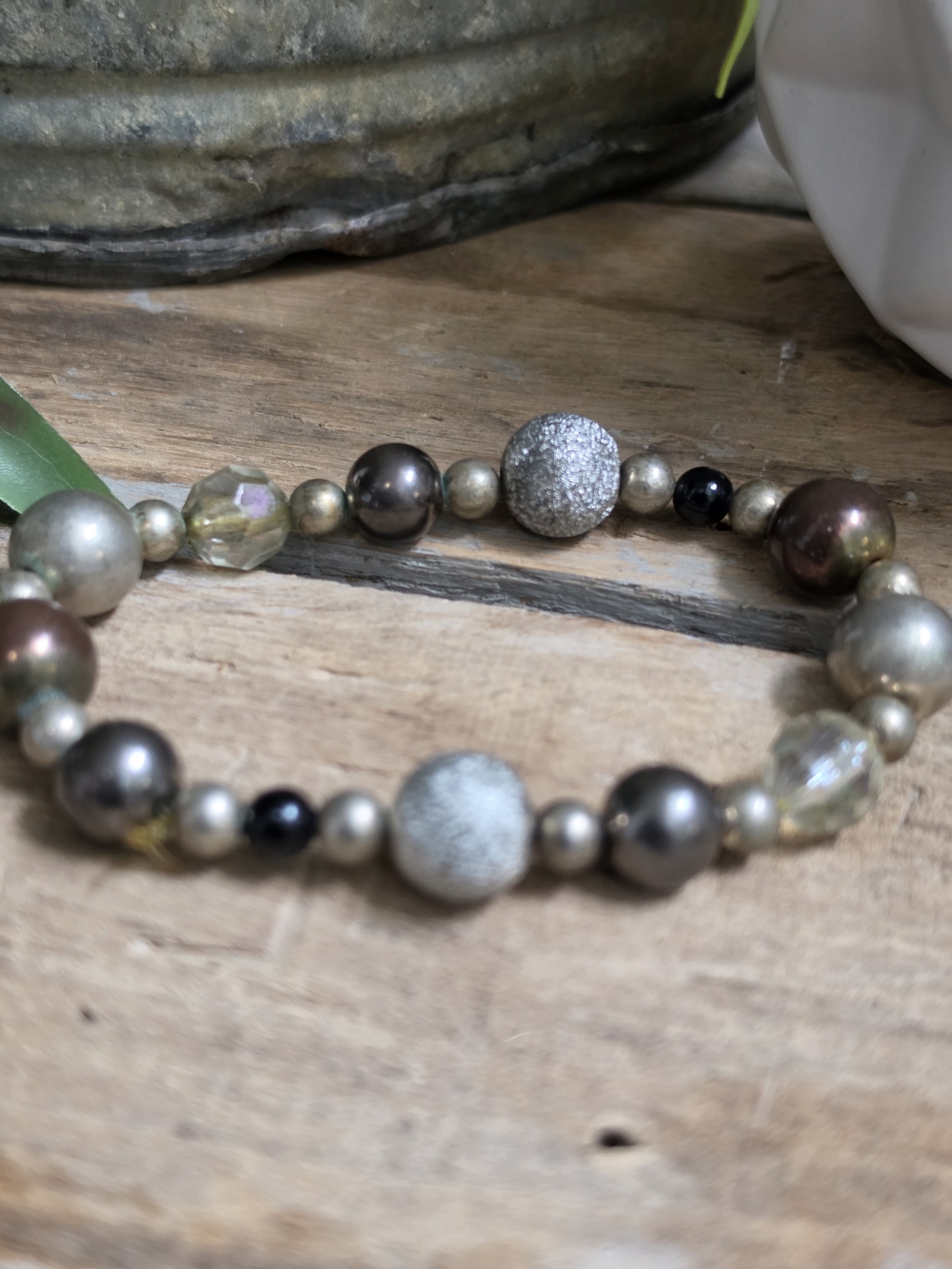 Silver Gray Beaded Stretch Bracelet Druzy Crystal Pearl Glass Statement Bracelet